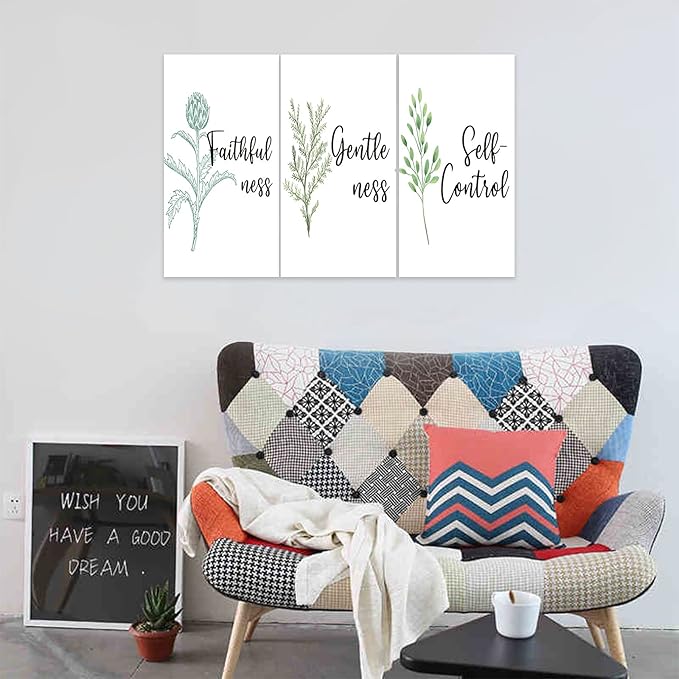 3 Piece Inspirational Wall Art, White Plant Background Picture, Quote "Faithfulness Gentleness Self-control" Canvas Print for Home Decor, Stretched And Framed Artwork for School Wall Decor(36"Wx18" H)
