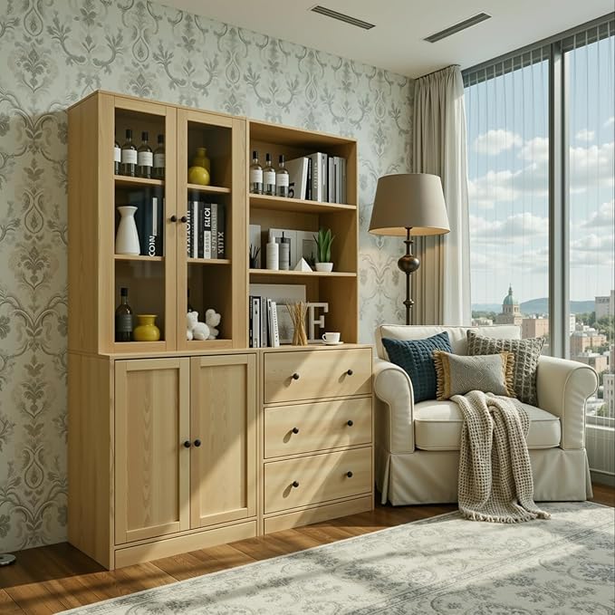 TUSY 71" H Bookshelf with Storage, 6-Tier Modern Bookshelves with 3 Large Drawer, Display Bookcase with Glass Doors, Modern 5-Tier Curio Cabinet for Home Office, Dining Room (Wood, ABBA)