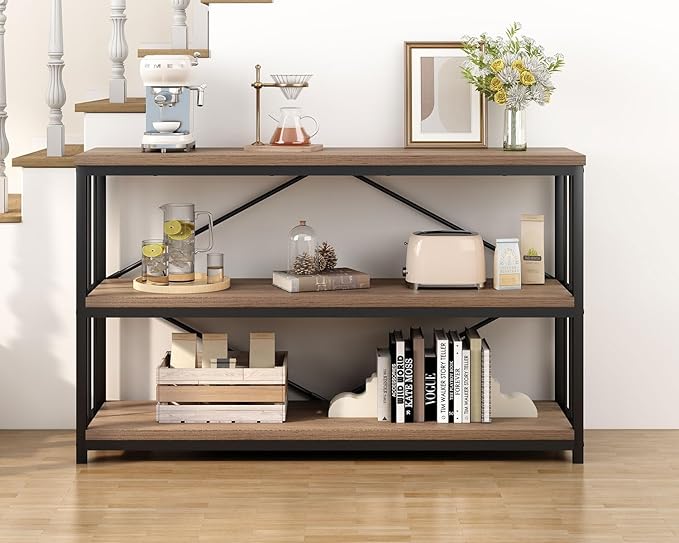 IBF 3 Tier Bookshelf Storage Organizer, Industrial Short Wide Open Horizontal Bookcase, Farmhouse Low Wood Metal Book Shelf for Office, Modern Vintage Etagere in Bedroom Living Room, Rustic Oak, 47 In