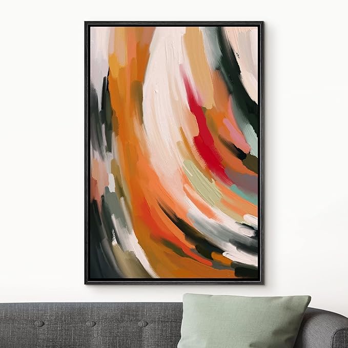 MUDECOR Framed Canvas Print Wall Art Rainbow Pastel Paint Stroke Swirl Abstract Shapes Illustrations Minimalism Decorative Relax/Zen Colorful Nordic for Living Room, Bedroom, Office - 24"x36" Black