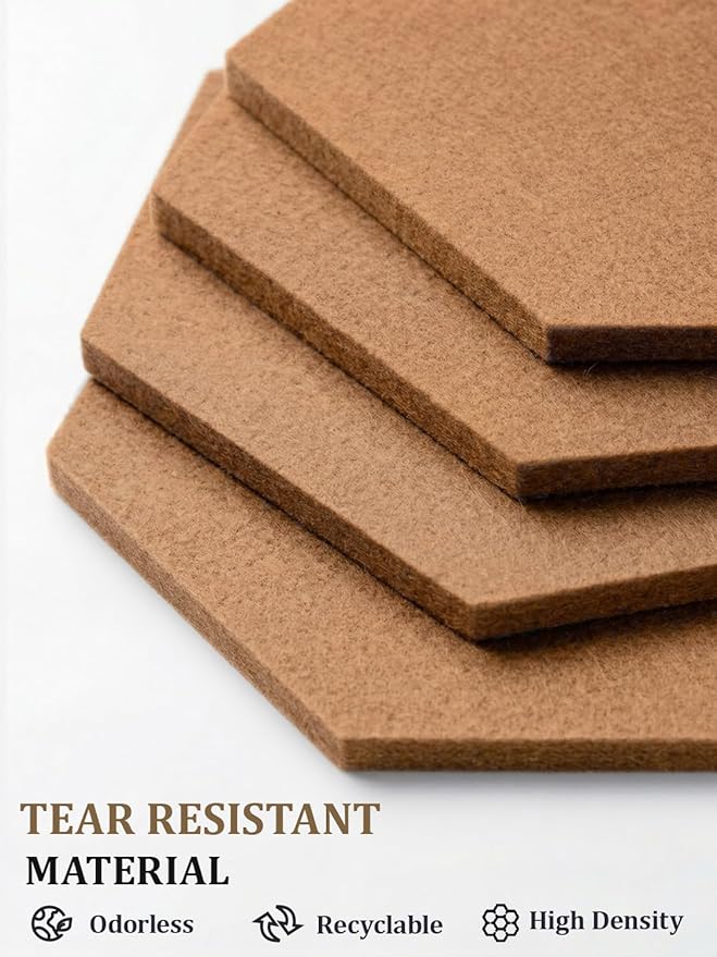 12" Large Bulletin Board with 30 Push Pins, Pack of 8 Hexagon Felt Pin Board Notice Boards for Home Office, Felt Wall Tiles for Photos Memos (Brown)
