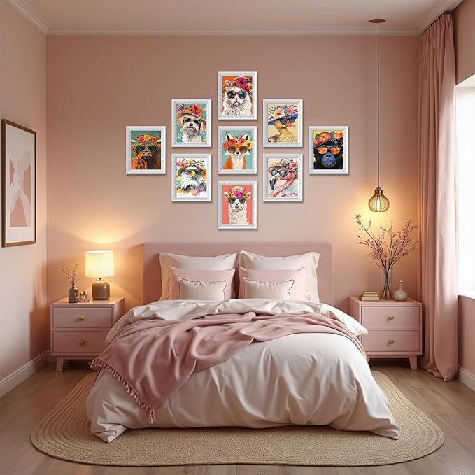 Funny Animal Nursery Wall Art Set of 9, Cute Colorful Animal Posters Painting Wall Decoration, Preppy Canvas Print Artwork for Kids Room Bedroom Playroom baby room Home Decor 8x10in Unframed