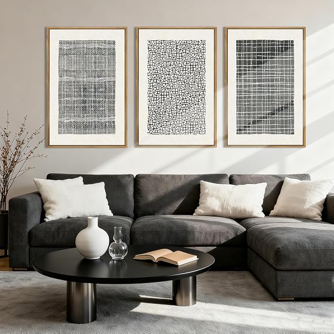 BINCUE Abstract Line Wall Art Set of 3 Modern Neutral Black Wall Decor Geometric Minimalist Artwork Black Abstract Wall Art Framed Modern Paintings for Living Room Bedroom Office Bathroom 24"x36" Gift