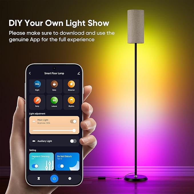PARTPHONER RGBIC Floor Lamp, 1000 Lumen Smart Modern Floor Lamp with 16 Million DIY Colors & Dual Light, LED Corner Standing Lamp Featuring Music Sync, App/Remote Control for Living Room, Bedroom