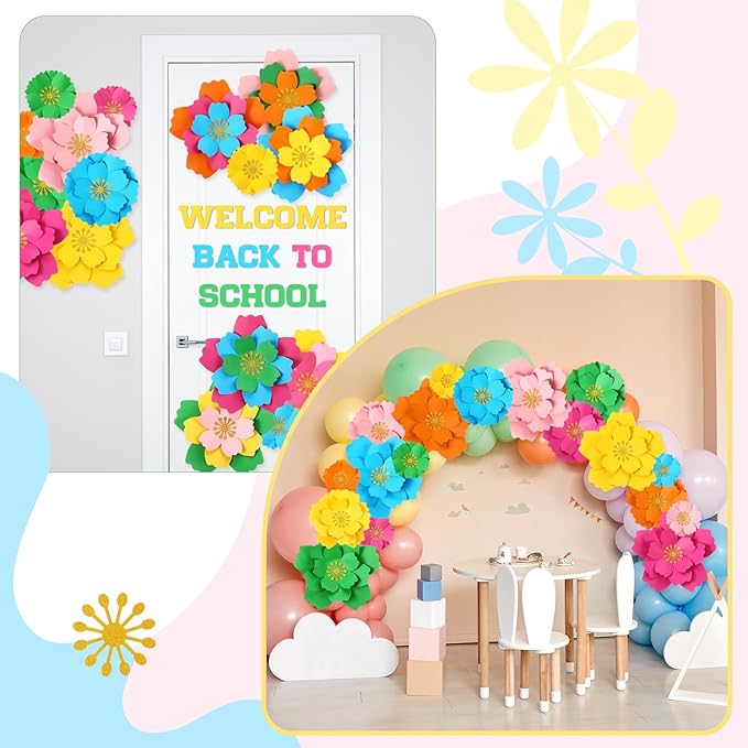 18 Pcs Paper Flowers Decor for Wall DIY Flower Bulletin Board 3D Spring Fiesta Mexican Paper Floral Decoration for Photo Backdrop Classroom Back to School Party(Circular,Rainbow)