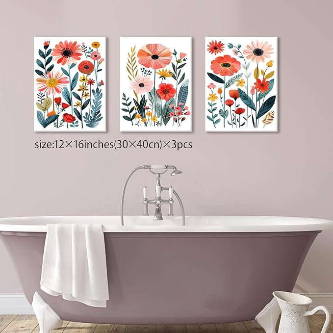 KISSFOX Framed Colorful Wildflower Canvas Wall Art Set Of 3 Flowers Pictures Prints Flowers Printing Floral Watercolors Flower wall Decor Living Room Girls Bedroom Bathroom