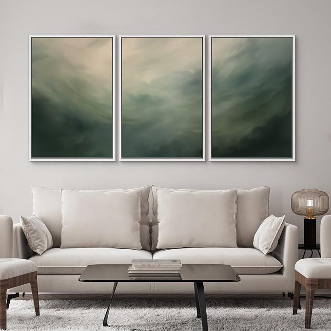 SIGNWIN Framed Canvas Print Wall Art Set Green Abstract Cloudy Landscape Illustrations Modern Art Decorative Boho Relax/Zen Nordic for Living Room, Bedroom, Office - 24"x36"x3 White
