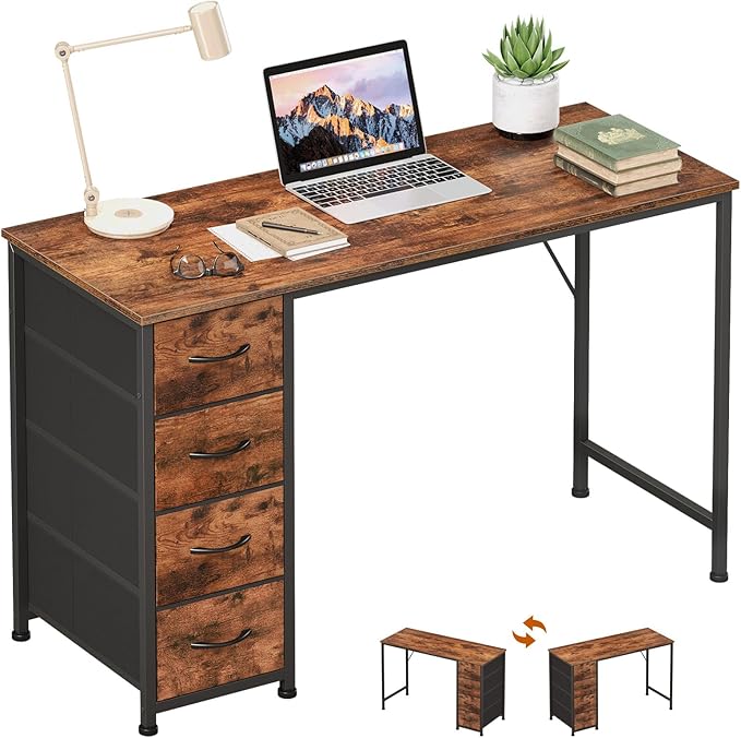 Somdot 47" Computer Desk with 4 Drawers for Bedroom,Simple Home Office Writing Desk,Gaming Table with Storage,Modern Work for Home Office, Study, Living Room,Wood Grain Print