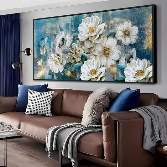 Arjun Extra Large Black Framed Flower Canvas Wall Art for Living Room White Elegant Modern Painting for Bedroom Textured Gold Foil Turquoise Picture Floral Teal Artwork Home Office Decor, 58"x29"