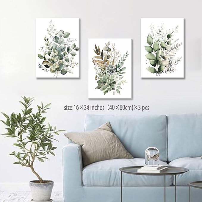 Bwodke Botanical Wall Art Plant Floral Watercolor Canvas Prints Set of 3 Framed Sage Green Painting Eucalyptus Leaf Picture Modern Minimalist Boho Decor Bedroom Bathroom Living Room 16"x24"