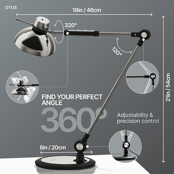OTUS LED Desk Lamp for Home Office, Gesture On Off and Touch Control, Tall Architect Swing Arm Desk Light, 1500 Lux Eye Care Dimmable, 12 Levels, 3 Color Temps, Weighted Metal Base