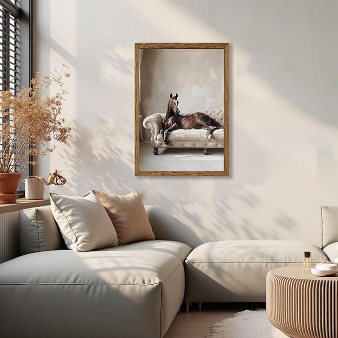 AVECCO Framed Funny Elegant Vintage Canvas Horse Wall Art, Western Brown Horse on Sofa Pictures Wall Decor, Unique Animal Art Prints for Bathroom Bedroom Living Room Office Home Decoration 16x24 Inch