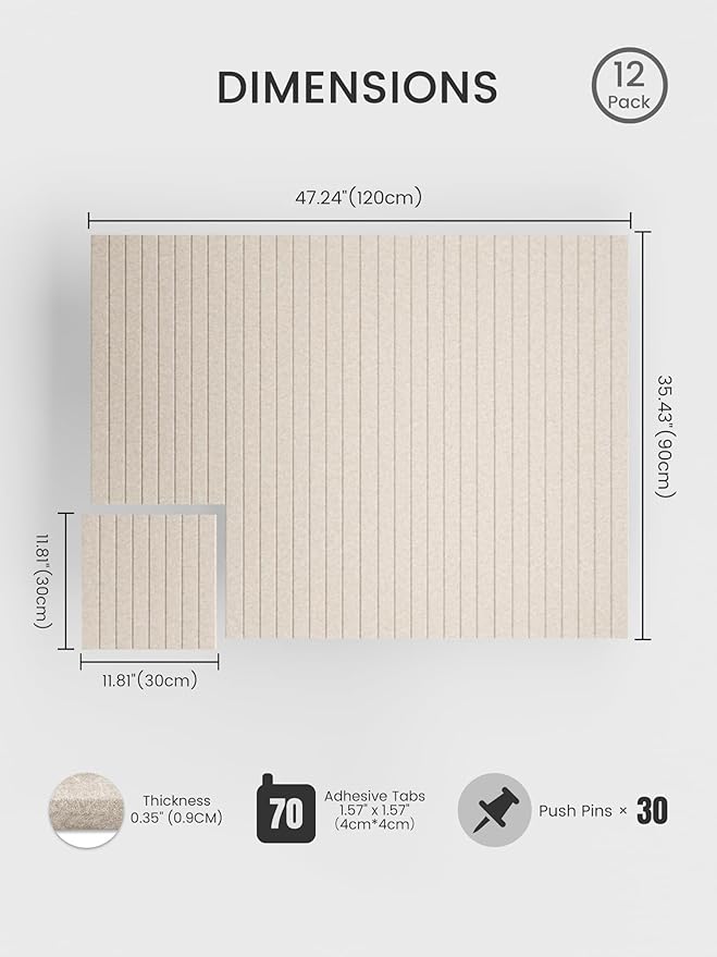 Bumusty Large Cork Board Alternative-48 x 36" Felt Bulletin Board Tiles, with 30 Pushpins, 70 Adhesive Tabs, 12-Pack Slat Wall Paneling, Cork Boards for Office Push Pin Board Felt Board-Oatmeal