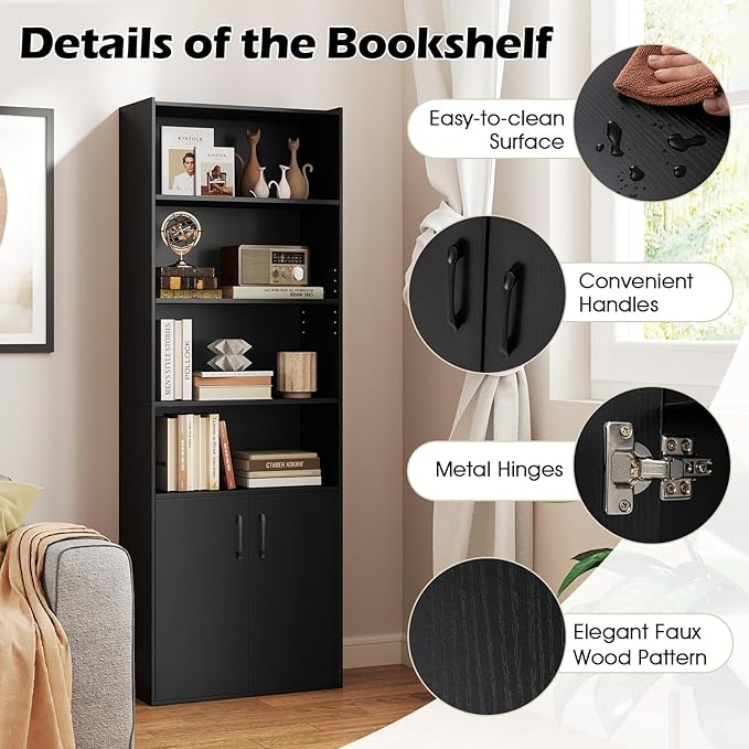 Giantex 70" Bookcase with 2 Doors, 6-Tier Modern Bookshelf w/Cabinet, Elegant Storage Cabinet, Adjustable Shelves, Multipurpose Display Rack, Storage Organizer for Living Room Bedroom Study (Black)