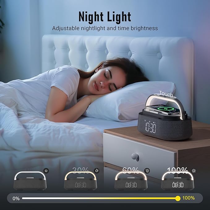 FREEFISH 6 in 1 Bluetooth Speaker with Fast Wireless Charger,FM Radio,Touch LED Night Light,Phone Holder,Snooze,Portable Wireless Speaker for Bedrooms Office Home,Gifts (Black)