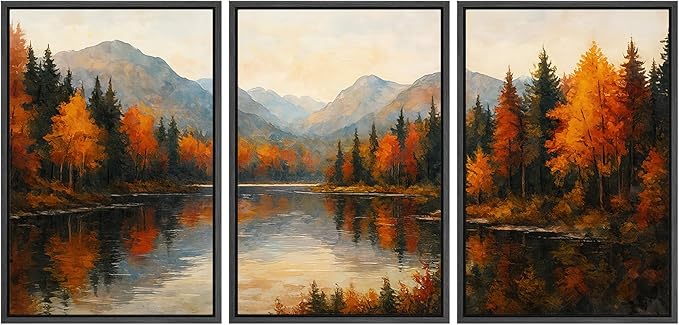 SIGNFORD Framed Wall Art Print Set Autumn Mountain Lake Vibrant Fall Forest Landscape Digital Art Modern Art Contemporary for Living Room, Bedroom, Office - 24"x36"x3 Black