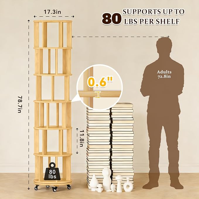 Rotating Bookshelf Tower with Wheels, 6 Tier Solid Wood Round Spinning Bookshelf Tower, 360° Revolving Bookcase Rolling for Kids Adult, Rotation Book Shelf for Bedroom, Living, Office, Corner, Natural