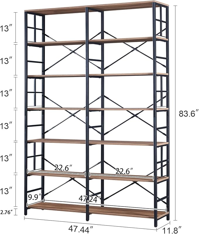 HOMISSUE Bookshelf, Industrial Double Wide 7-Tier Bookshelves, 84" Tall Bookcase with Open Shelves, Heavy Duty Bookcases with Storage for Living Room Home Office, Rustic Brown