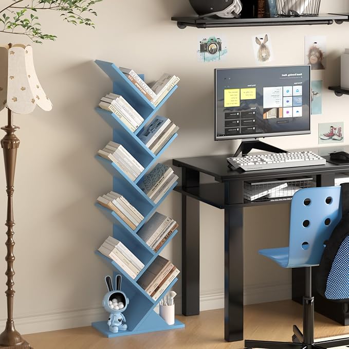 10 Tier Tree Book Shelf, Floor Standing Wood Bookshelf for Narrow Space, Storage Organizer Bookshelves for Books/CDs/Magazine, Bookcase with Shelves for Home Office, Living Room - Pure Blue