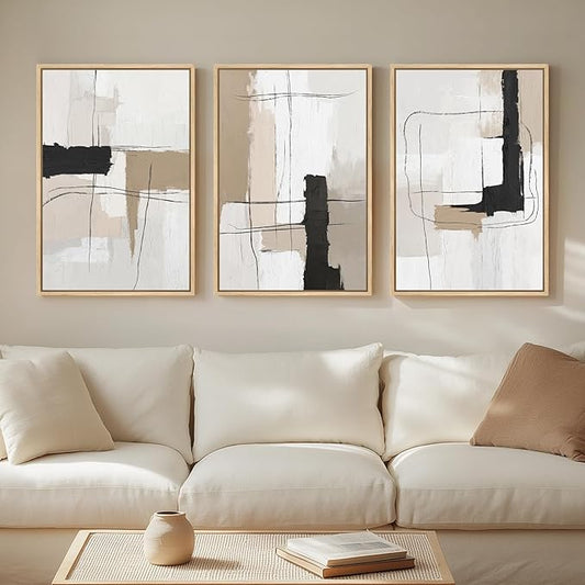 Framed Neutral Abstract Wall Art Set of 3, Modern Black and White Beige Canvas Prints Paintings Artwork for Walls, Minimalist Pictures for Bedroom, Living Room, Dining Room Wall Decor 16x24 In