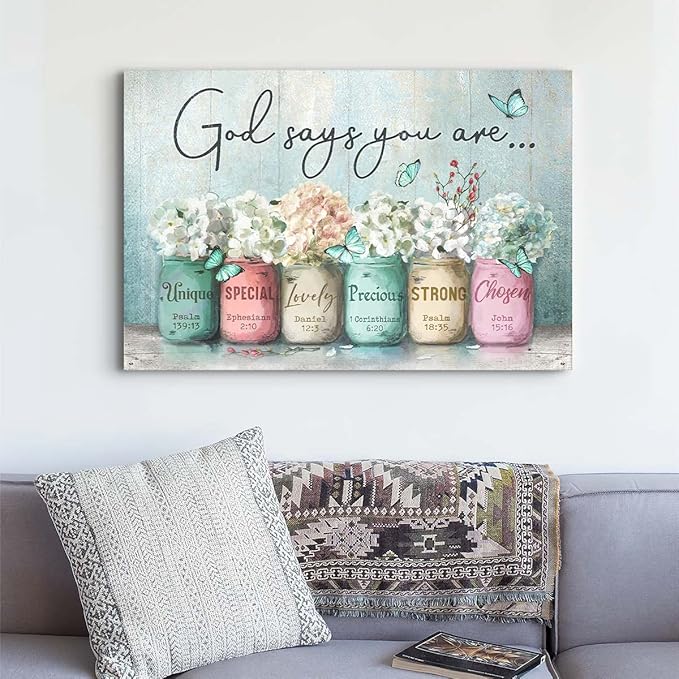 Parylore Inspirational Canvas Wall Art Encouraging Bible Verses On Cute Marson Jars and Butterflies God Says You Are Teal Background Artwork for Living Room Bedroom Bathroom Office Home Decor 12x16 In