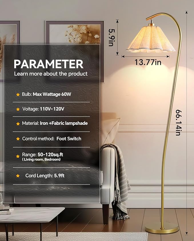 Floor Lamp with Pleated Linen Lampshade, Modern Flower Floor Lamp for Living Room Arc Standing Lamp, Gold Tall Lamp for Bedroom Office Dining Room, Bulb Included (Gold + Flax Color, 66.1IN)