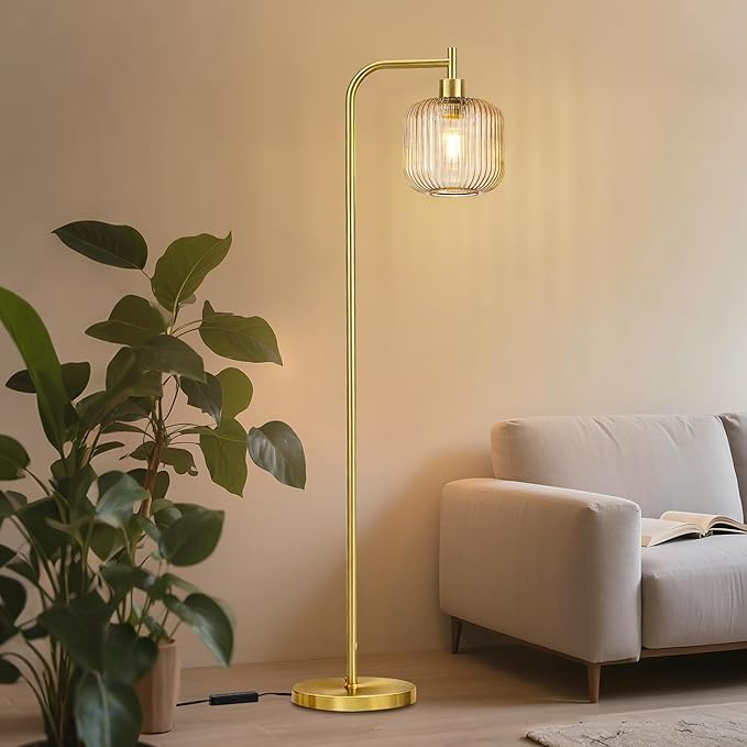 MAYNA Mid Century Modern Floor Lamp, Amber Ribbed Glass Standing Lamp with Built-in Timer Switch, Gold Tall Vintage Lamps for Living Room Bedroom, 2700K LED Bulb Included