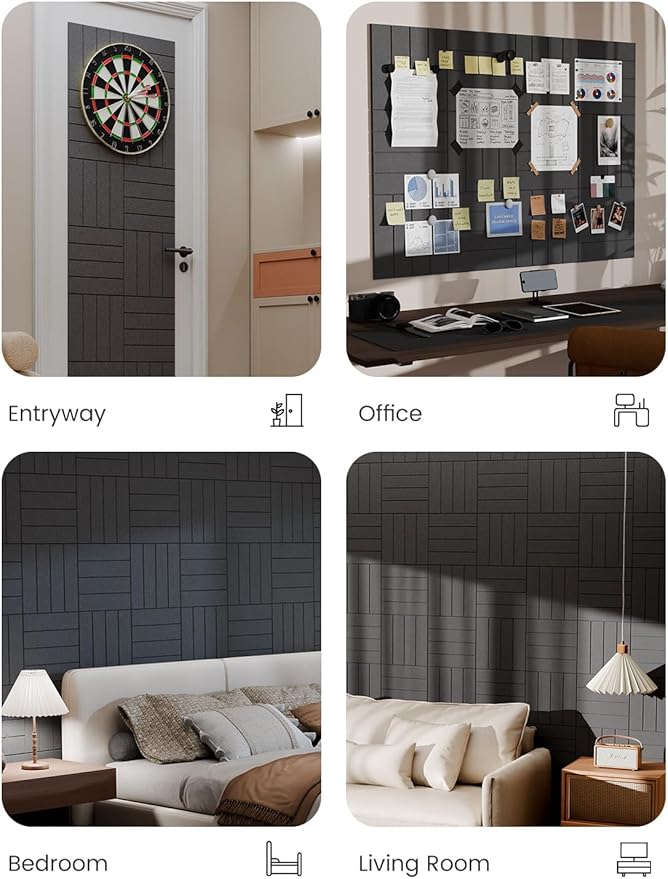Bumusty Large Cork Board Alternative-48 x 36" Felt Bulletin Board Tiles, with 30 Pushpins, 70 Adhesive Tabs, 12-Pack Slat Wall Paneling, Cork Boards for Office Push Pin Board Felt Board-Charcoal Gray