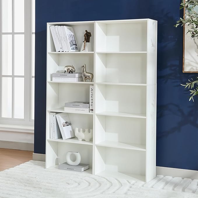 Bookshelves and Bookcases,5-Tier Double Open Storage Shelf, Floor Standing Display Storage Shelves for Home Office, Living Room, Bedroom
