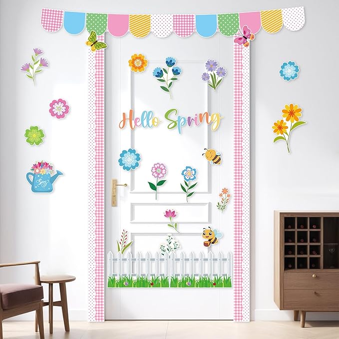 55Pcs Spring Bulletin Board Decorations Set Hello Spring Flower Cutouts Butterfly Bee Floral April Bulletin Board for Classroom Back to School Office Home Chalkboard Door Wall Decor