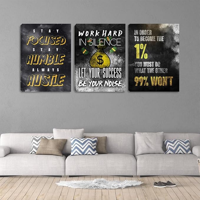 Motivational Canvas Wall Art Inspirational Office Wall Art Hustle Posters Wall Decor Entrepreneur Success Quote Paintings Picture 3 Pieces Artwork for Bedroom Home Decor Framed Decorations(48"Wx24"H)