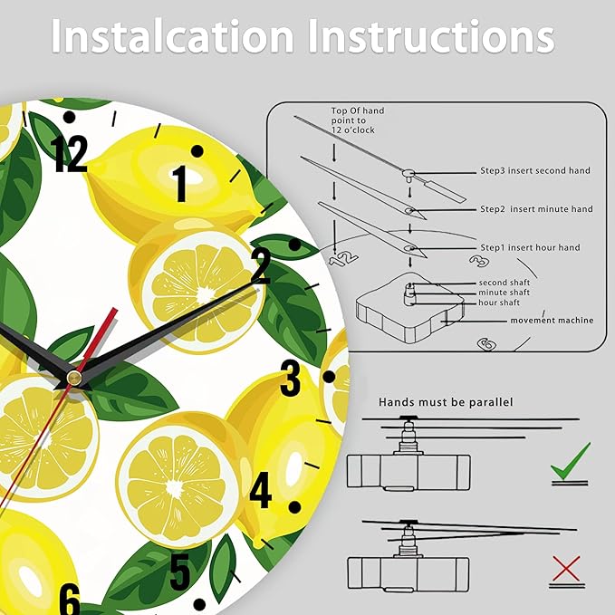 SPUNKER Clocks for Living Room,Lemon Wall Clock Battery Operated 10 Inch,Tropical Fruit Leaves Round Clock Silent Non-Ticking Wall Decor for Farmhouse Office Home School Living Room Bedroom