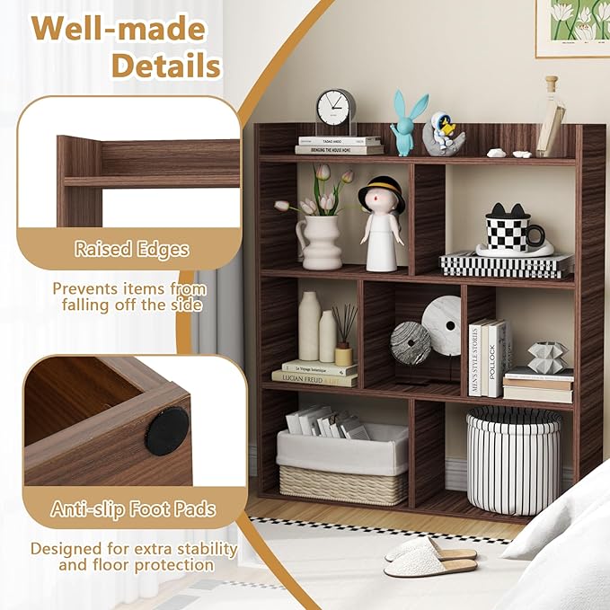Tangkula 7-Cube Bookshelf, Floor Standing Open-Back Bookcase with Anti-Toppling Devices, Wooden Geometric Bookshelf, 4-Tier Storage Display Shelf for Living Room, Study, Office (2, Walnut)