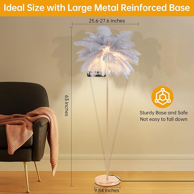 Feather Floor Lamp for Living Room, Fluffy Ostrich Feathers Lamp, Rose Gold Color Body, 3 Color Temperatures Modern Funky Arc Tall Standing Lamp for Bedroom Inclued Bright LED Bulbs (Grey)