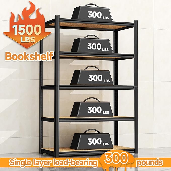 24"W Steel and Wood Book Shelf, 4 Tier Metal Bookcase, 1200LBS Display Shelving, Adjustable Utility Shelf Organizere, Standing Storage Shelves for Study, Bedroom, Living Room and Home Office, Black