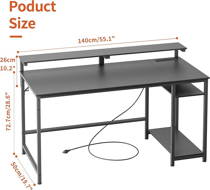 JOISCOPE Home Office Desk with Power Outlets (3AC, USB, Type-C), 55 × 20 Inch Computer Desk with Reversible Shelves, Laptop Table with Display Riser, Gaming Study Drafting Table for Bedroom, Black