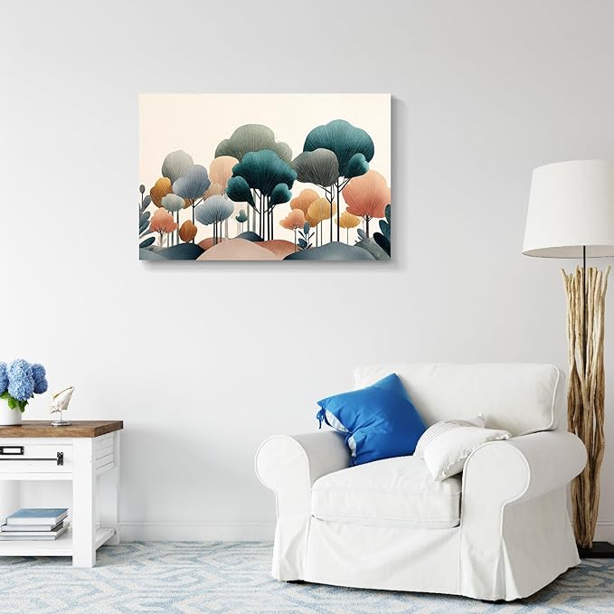gaosoul Modern Abstract Canvas Wall Art Oil Painting Giclee Print of Geometric Forest in Teal Pink Amber with Black Trunks Serene Beige Background for Living Room Bedroom Decor Framed 24x16in