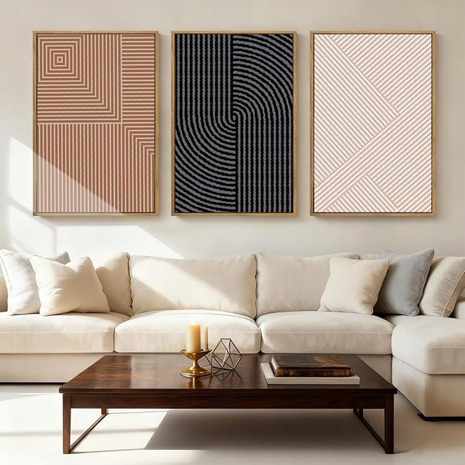 ANHUIB Extra Large Neutral Abstract Modern Canvas Wall Art Set of 3 Framed Black and White Beige Wall Decor Boho Minimalist Artwork Walls Geometric Line Painting for Living Room Bedroom Office 24x36In