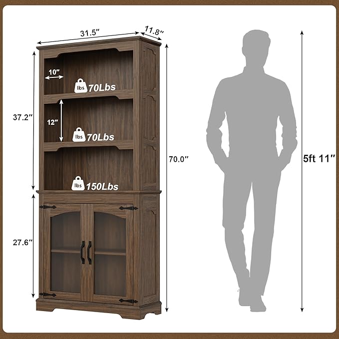 Tall Bookcase, 70 inch Height, 5-Tier Open Storage Shelf, 31.5 in Wide Standing Bookshelves for Home, Office, Bedroom, School, Library, 31.5W * 11.81D *70H (Walnut, Glass Door)
