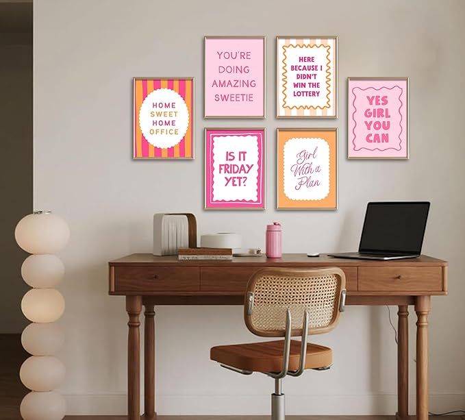 6Pcs Pink Inspirational Wall Art Contemporary Home Workspace Wall Decor Pictures Yes, you can Motivational Quotes Phrases Poster Prints for Bedroom Apartment Home Decoration 8x10inch unframed