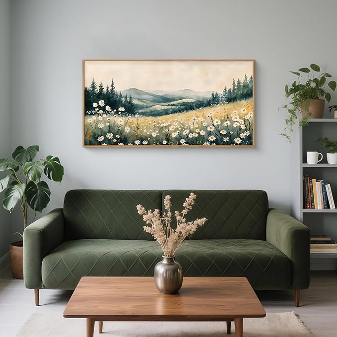 BICERE Large Misty Mountain Framed Canvas Wall Art,Nature Daisy Flower Wall Decor,Modern Foggy Forest Art Painting,Abstract Woodland Landscape Artwork for Living Room,Bedroom,Dining Room-20"x40"x1