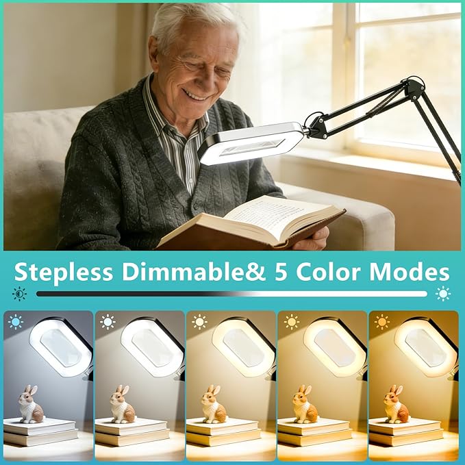 10X Magnifying Glass with Light and Stand 11" Base 5 Color Modes Dimmable LED Desk Magnifying Lamp with Clamp Hands-Free Lighted Magnifier for Reading Craft Sewing Close Work Diamond Painting
