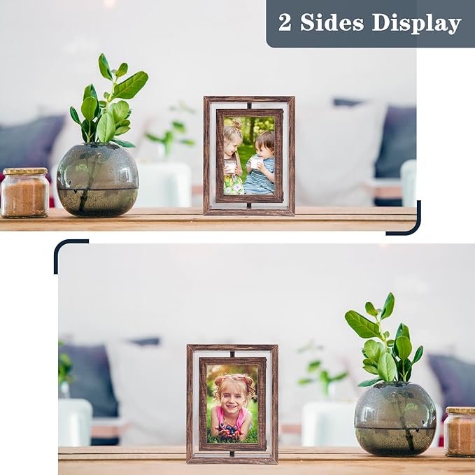 EXYGLO 2 Pack 4X6 Picture Frames Rotating Floating Photo Frame Wooden 2 Sided Frames for Vertical or Horizontal Tabletop Display