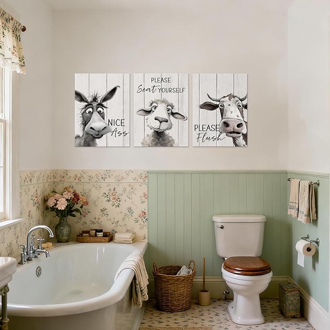 3 Pieces Funny Bathroom Art Funny Wall Art Modern Farmhouse Quote Bathroom Pictures Wall Decor Featuring Horse Sheep Cow Artwork Animal Pictures, with Wooden Frame Easy to Hang (24x36 Inch x3)