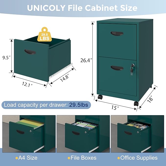 2 Drawer File Cabinet with Lock, Filing Cabinets with Wheels, Rolling File Cabinets for Home Office, Metal Office File Cabinet, Mobile Filing Cabinet for Holding Letters and File Boxes, Green