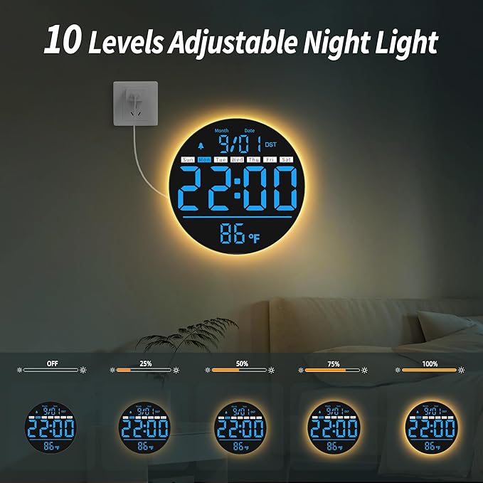 Maxstar Led Digital Wall Clock with Timer, Seconds, Temperature, Date, DST, Nightlight, Alarm Clock, 5-Level Display Brightness, Digital Clock Timer for Classroom, Bedroom, Garage, Gym,Blue