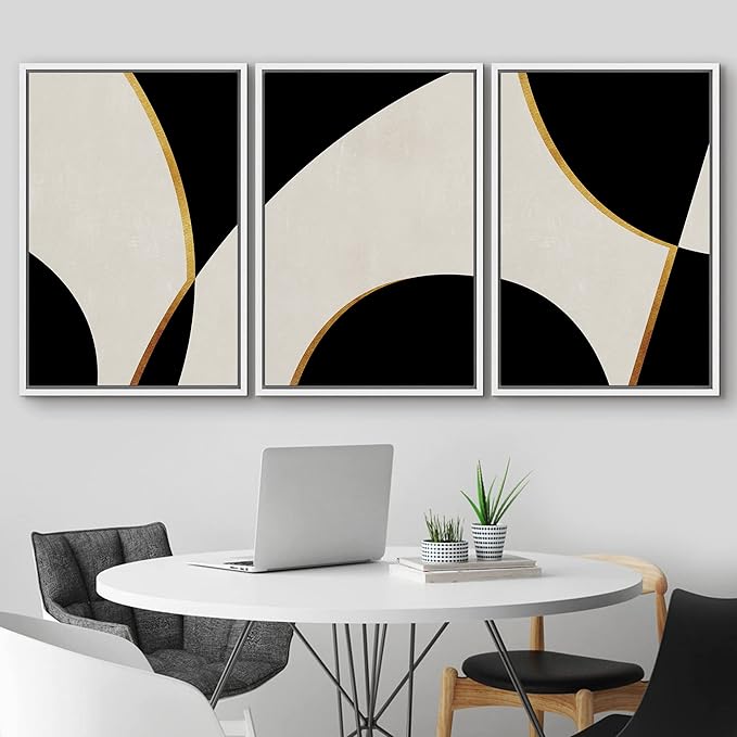 IDEA4WALL Framed Canvas Print Wall Art Set Art Deco Mid-Century Black Gold Polygons Abstract Shapes Illustrations Modern Art Decorative Contemporary for Living Room, Bedroom, Office - 24"x36"x3 White