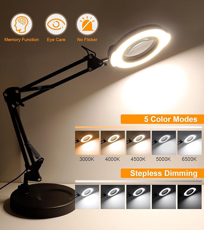 10X Magnifying Glass with Light and Stand, 2 in 1 Real Glass Lens Magnifying Desk Lamp, 5 Color Modes, Brightness Stepless Dimmable LED Lighted Magnifier Hands Free for Repair Craft Close Work