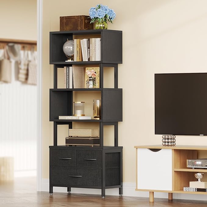 Casaottima 7 Tier Bookshelf, Tall Geometric Bookcase with Fabric Drawers, Modern Display Book Shelves Book Case for Living Room Bedroom, Wood Decorative Standing Shelving Unit for Home Office, Black