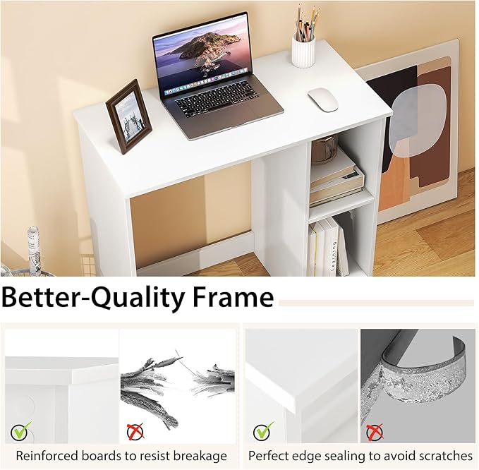 Tangkula Small White Desk with Shelves, Compact Desk for Small Space, Study Writing Table with 2 Tier Shelves, Modern Simple Style Laptop PC Table, White